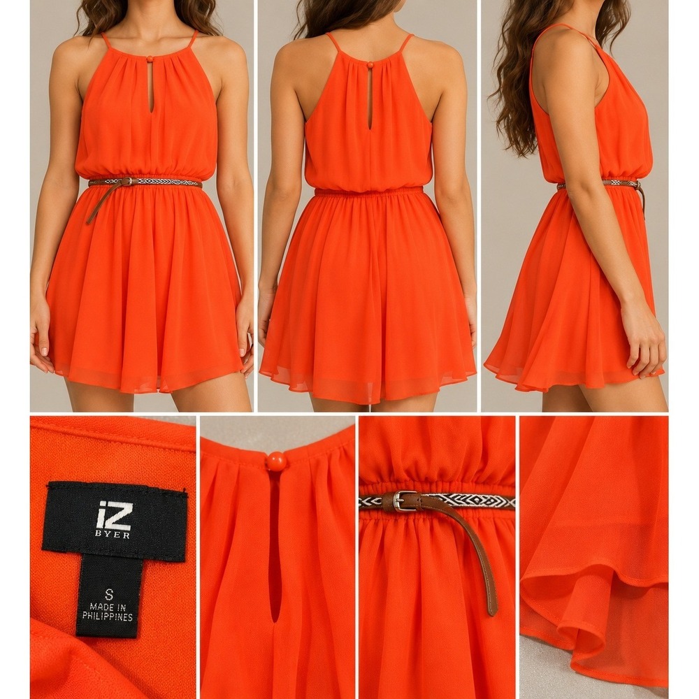 IZ Byer Halter Mini Dress Womens Small Orange Excellent Boho Resort Belted